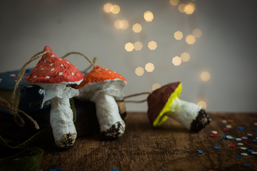 Spun Cotton Mushroom Ornaments, Handmade Fly Agaric
