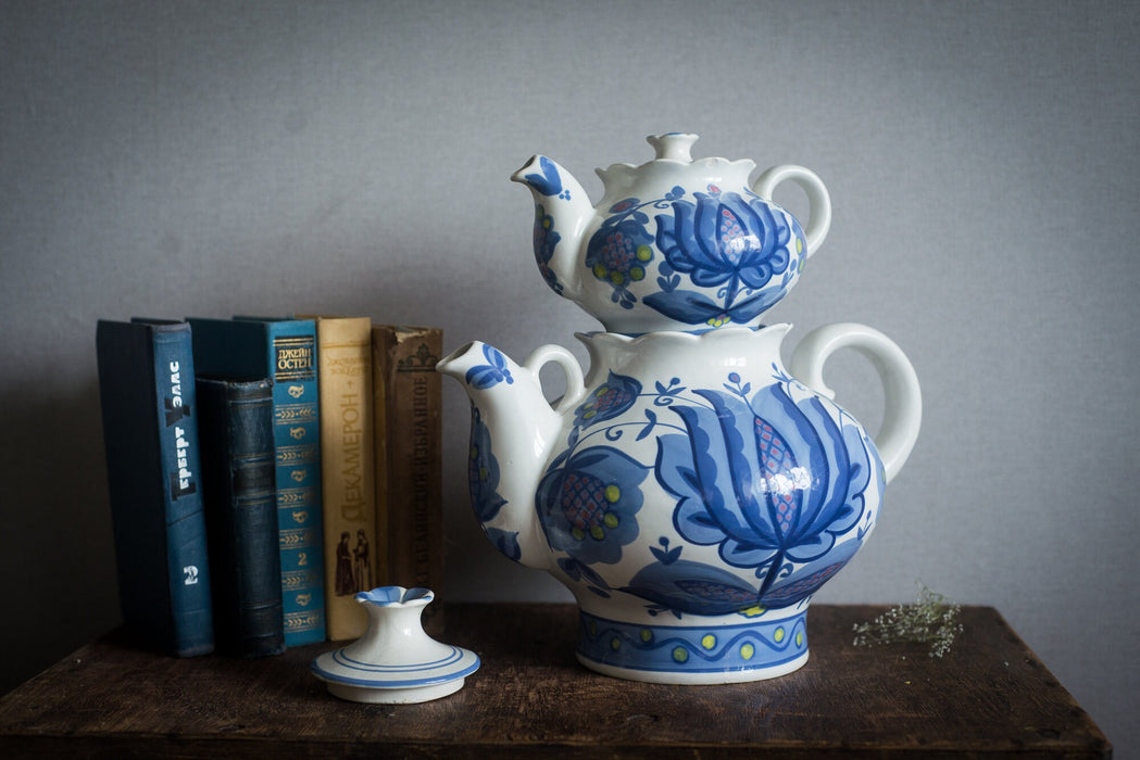 Vintage Ceramic Teapot Set', Blue Gzhel Floral Two-Pot Teapots