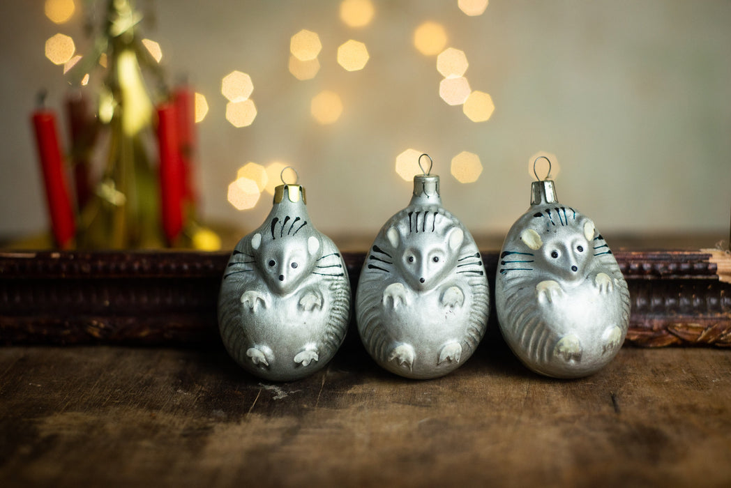 Vintage Hedgehog Glass Ornament, Retro Woodland Christmas