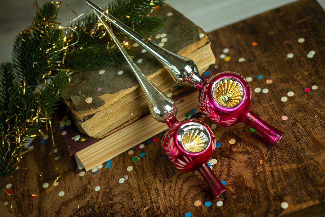 Vintage Hot Pink Glass Christmas Tree Topper with Indent