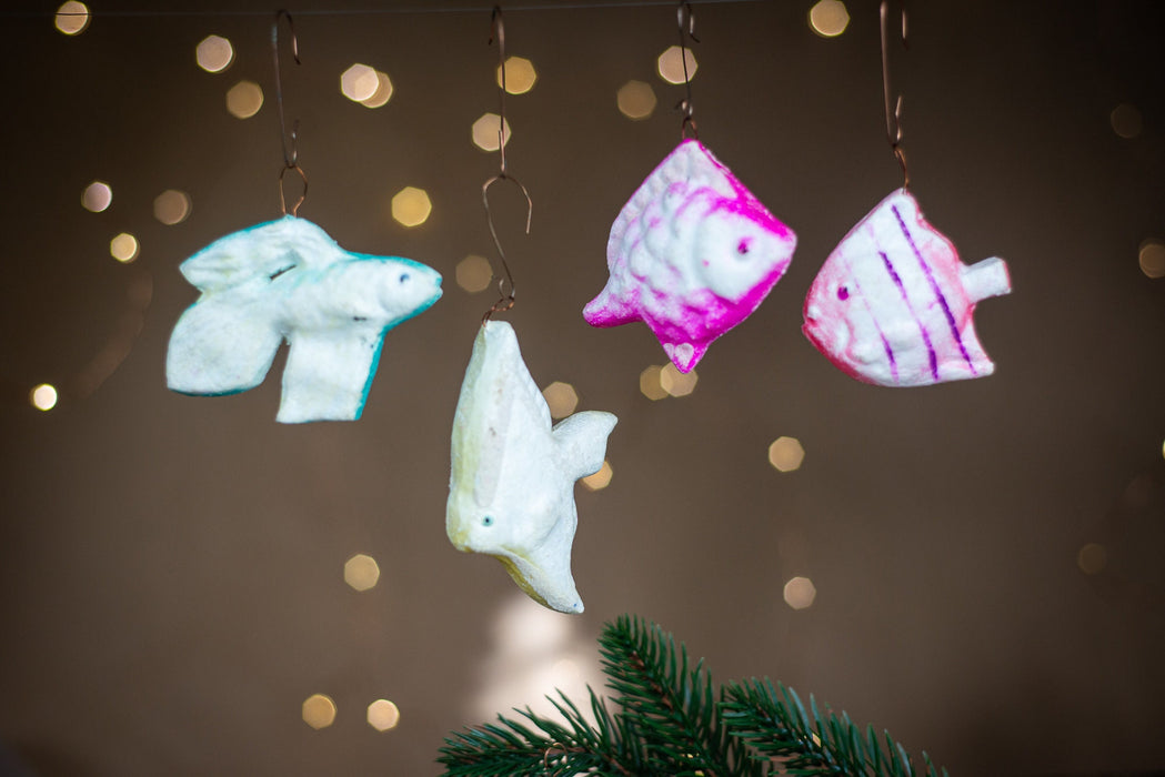 Vintage Fish Christmas Ornaments, Styrofoam Xmas Tree