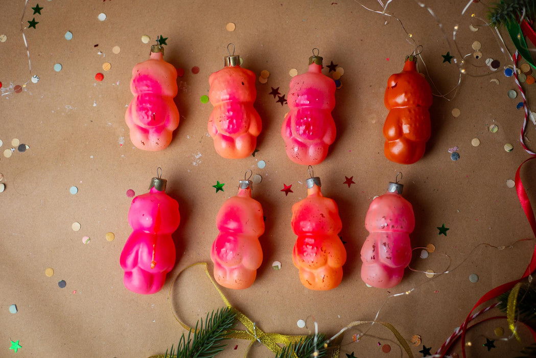 Vintage Pink & Orange Glass Bear Christmas Ornament