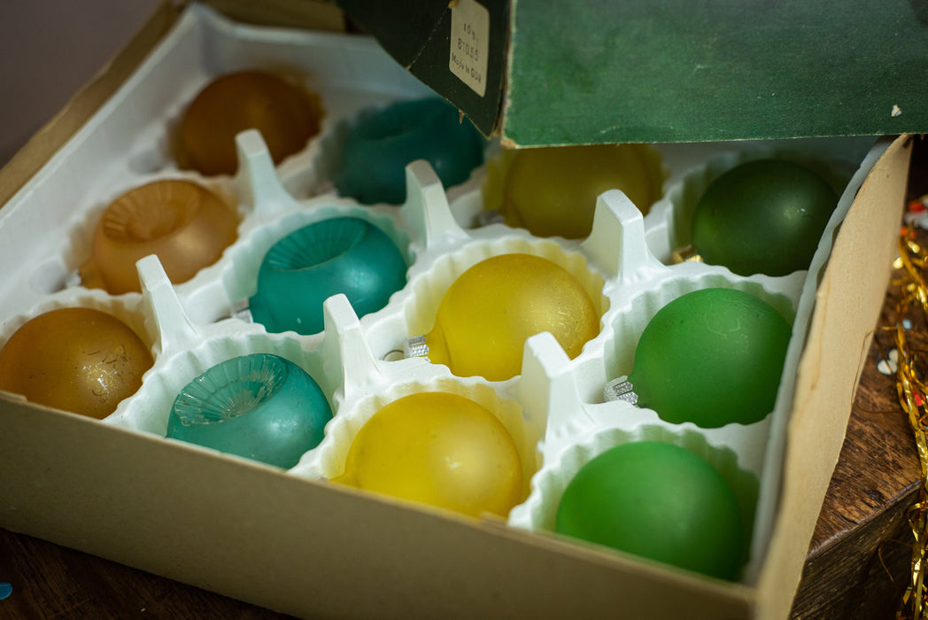 Vintage Frosted Glass Ornaments, 1980s Matte Multicolour Baubles.
