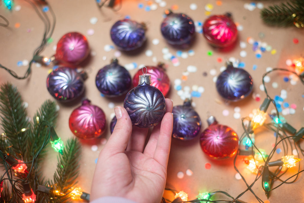 Vintage Glass Christmas Ornaments, Purple Red Baubles