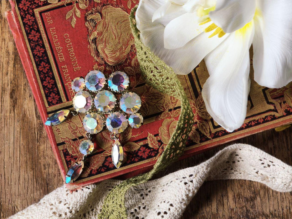 Vintage Rhinestone Brooch, Iridescent Crystal Pin Art Deco Style Statement