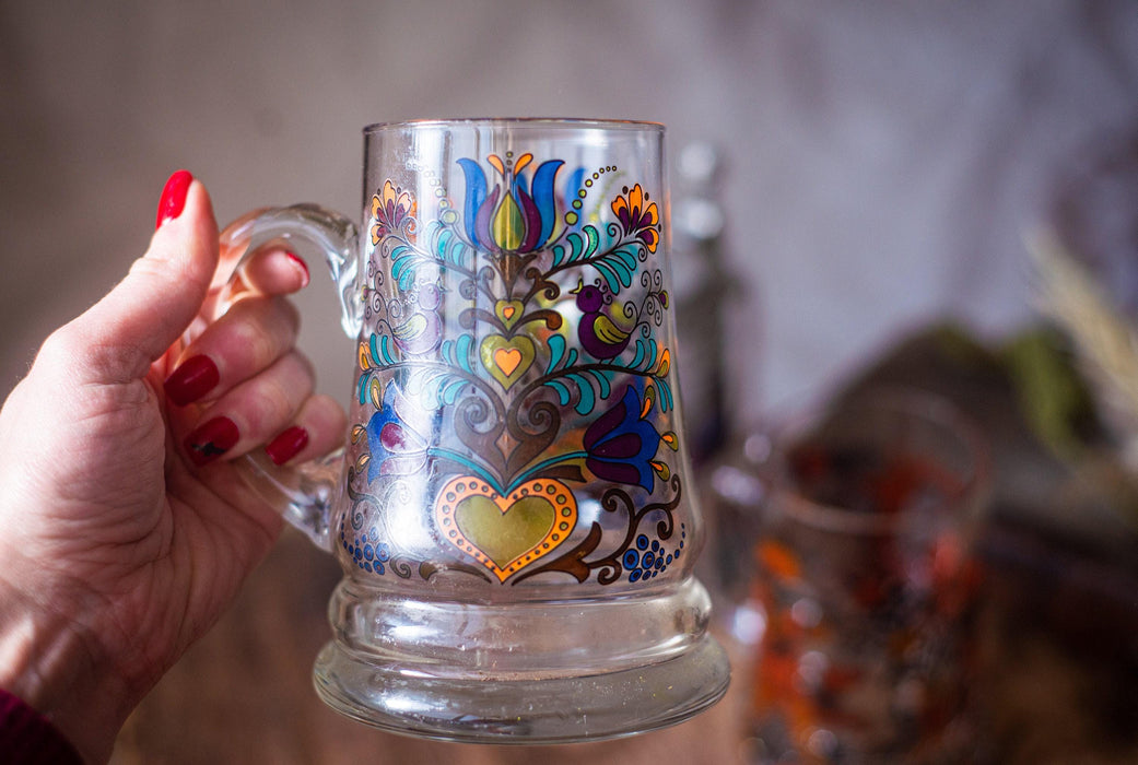 Vintage German Glass Beer Mugs Set Medieval Floral Tankards Barware