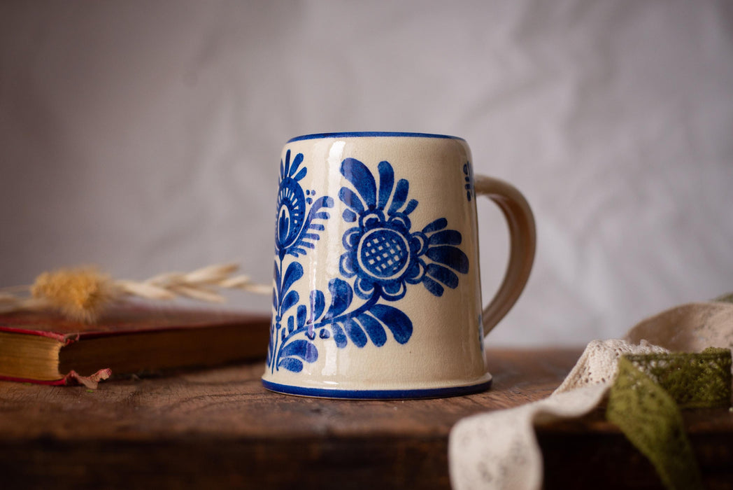 Vintage Bavarian Beer Mug Hand Painted Ceramic Stein Blue Floral Germany