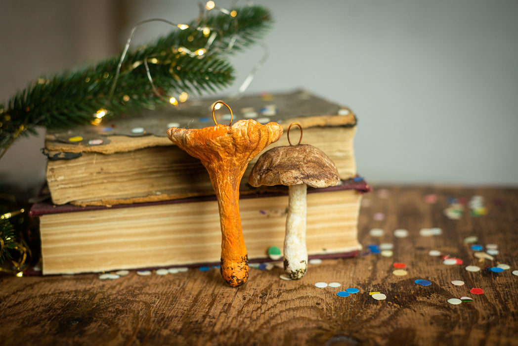 Mushroom spun cotton ornaments, Chanterelle mushroom, Xmas tree accents