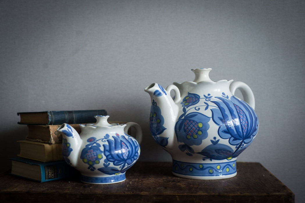Vintage Ceramic Teapot Set', Blue Gzhel Floral Two-Pot Teapots