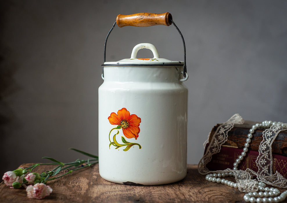 Vintage Enamel Milk Canister | 23.5 cm (9.25 in) Tall, White Red Floral +Lid