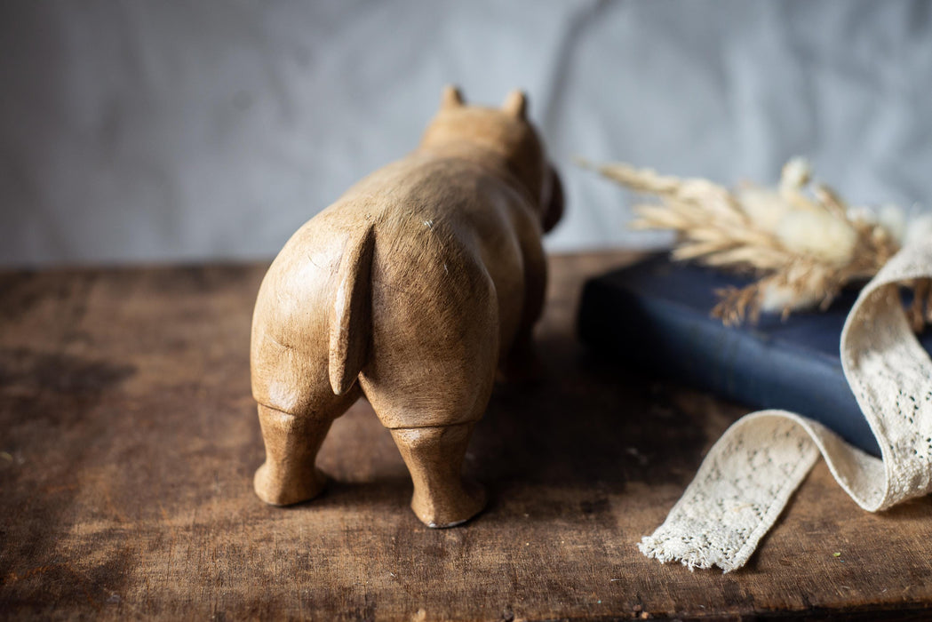 Wooden Hippo Figurine, Vintage Hand-Carved Solid Wood, 11x4.9 In