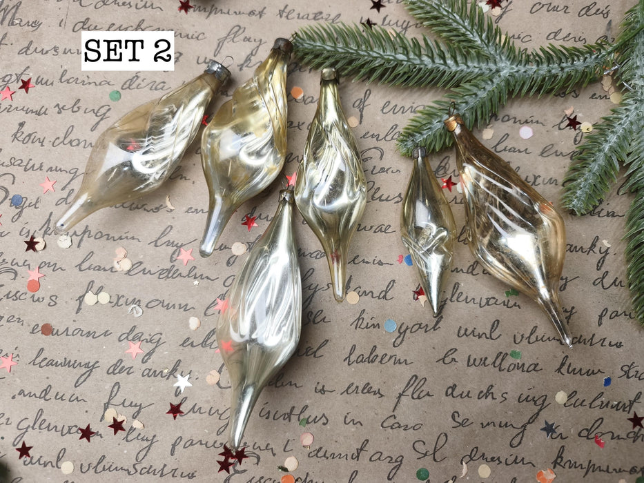 Vintage Silver Glass Christmas Ornaments, Ribbed Icicles and Lantern Bauble Sets