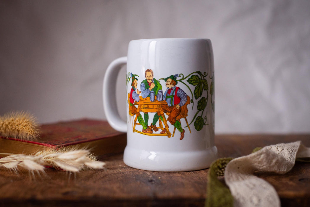 Vintage German Beer Stein Mug Bavarian Pub Scene Ceramic Tankard Oktoberfest Barware