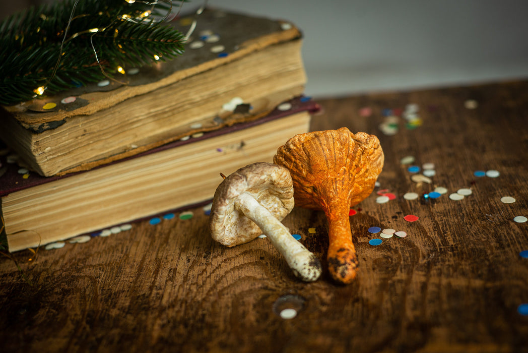 Mushroom spun cotton ornaments, Chanterelle mushroom, Xmas tree accents