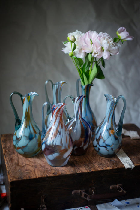 Murano Style Vintage Pitcher, Mid Century Art Glass Jug, Hand Blown Water or Wine Decanter
