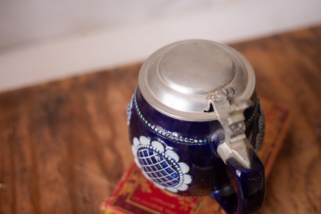 Vintage Cobalt Blue Beer Stein Bavarian Ceramic Mug with Lid
