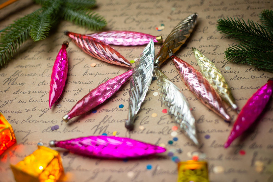 Vintage Christmas Ornaments – 1950s Pink Gold Silver Glass Icicles