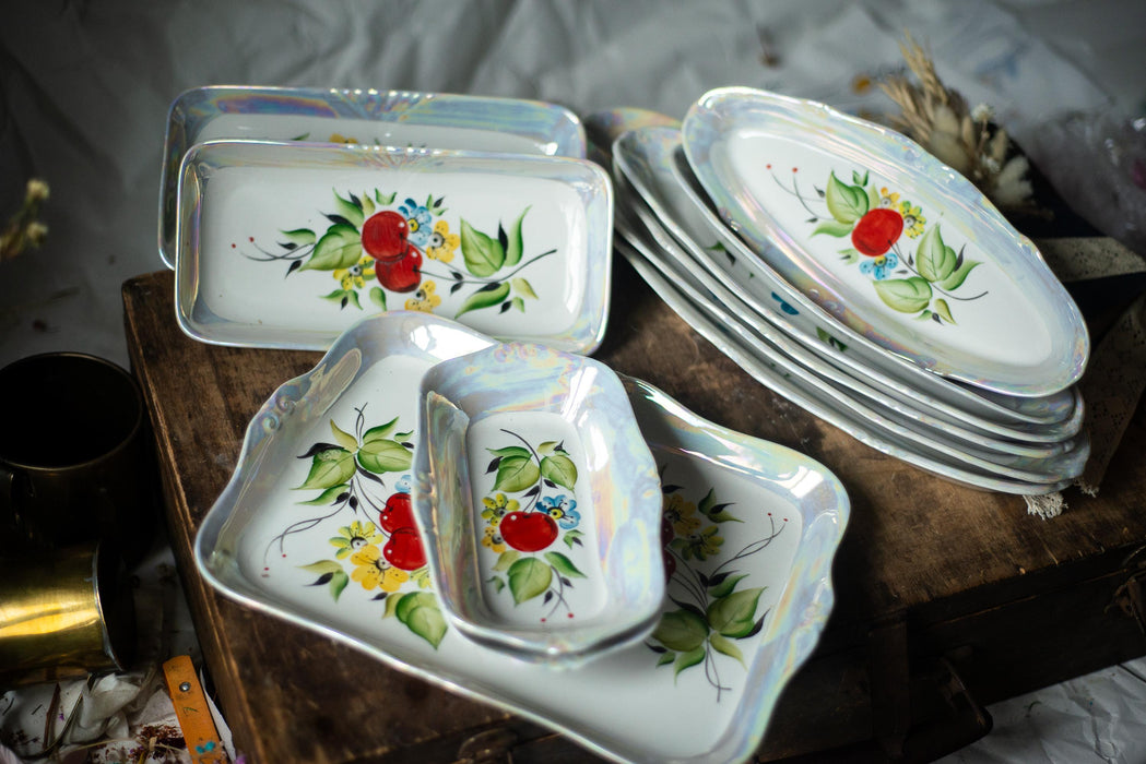 Vintage Lusterware Plates Set, Cherry Porcelain Serving Dishes, Iridescent 1970s Tableware
