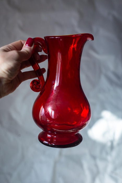 Vintage Ruby Red Glass Pitcher, Czech Crystal Hand Cut Mid Century Water Jug