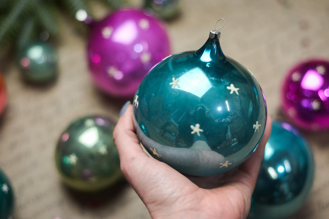 Vintage Glass Christmas Ornaments Set, Glow in Dark Stars, 1970s Teal Pink Balls