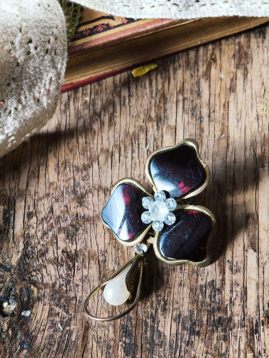 Vintage Flower Brooch Wine Red Glass Art Deco Faux Pearl Pendant Pin
