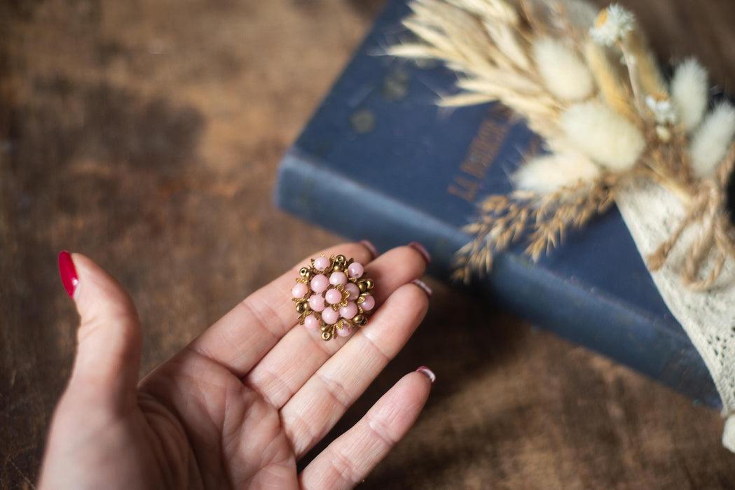 Vintage Pink Floral Brooch, 1970s Brass Tone Pin with Glass Beads