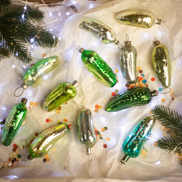 Vintage Glass Christmas Pickle Ornament, Green Cucumber