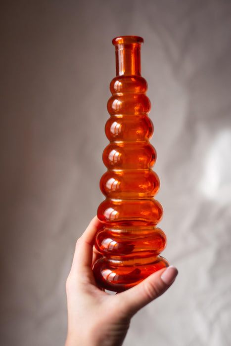 Red Glass Bubble Vase Mid Century 1970s Tall Single Stem Decor