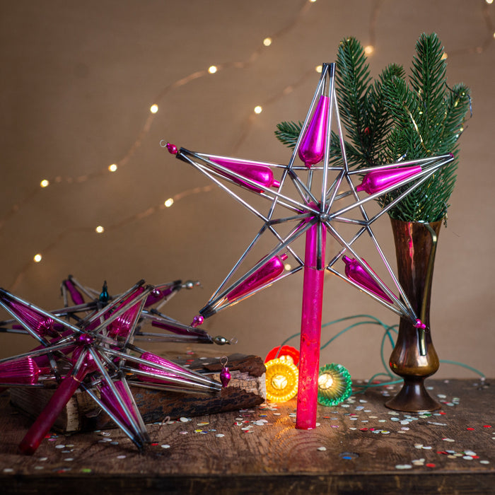 Vintage Christmas tree topper, Silver pink glass bugle star, Beaded Xmas tree ornaments