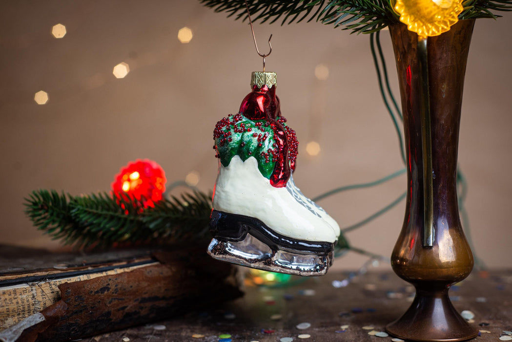 Vintage Glass Ice Skates Ornament, Hand Painted Winter