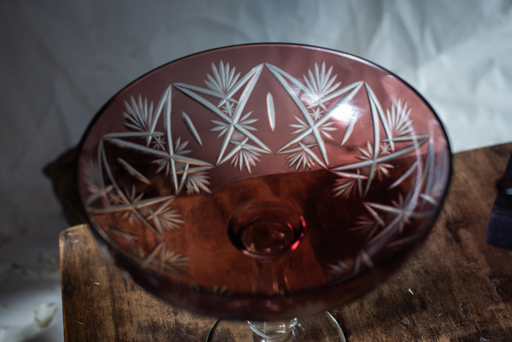 Vintage Amethyst Glass Pitcher & Czech Crystal Fruit Bowl, Mid Century Retro Tableware, 70s Purple Glass