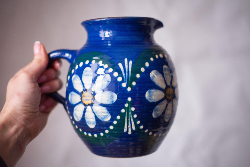 Blue Ceramic Pitcher with Daisies – Rustic German Farmhouse Jug
