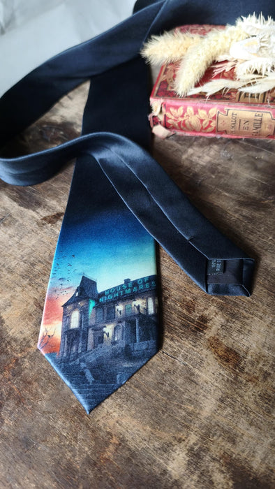 Vintage House of Nightmares Necktie Goth Halloween Tie Haunted House Graphic Novelty Ti