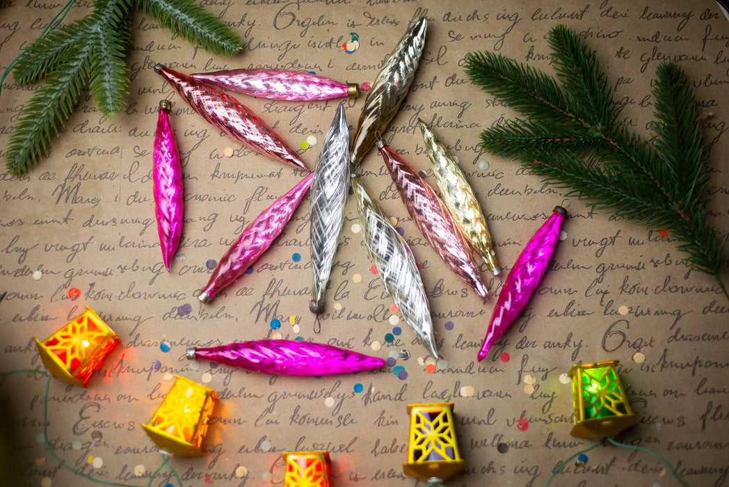 Vintage Christmas Ornaments – 1950s Pink Gold Silver Glass Icicles