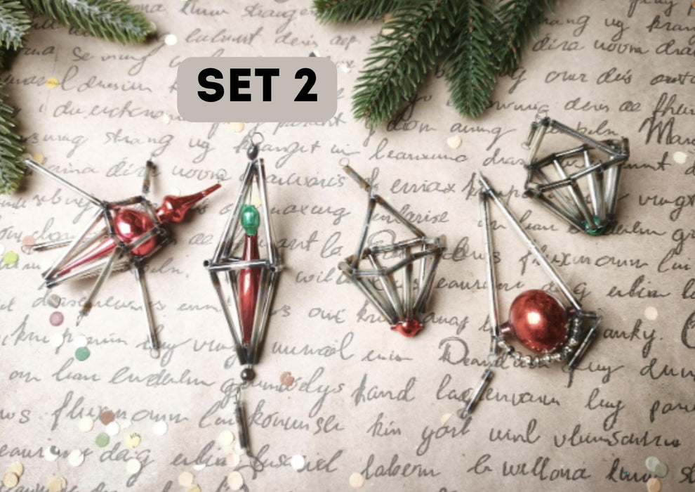 Vintage Glass Christmas Ornaments, Beaded 1950's Geometric 7-12cm