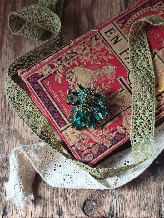 Vintage Green Rhinestone Brooch 1970s, Emerald Crystal Statement Pin