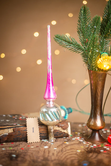 Vintage Silver & Pink Glass Christmas Tree Topper – 1960s