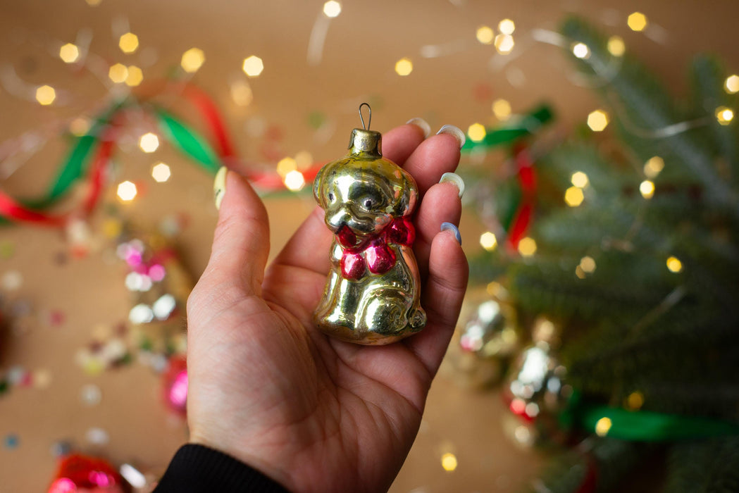 Dog with bow tie, Vintage Glass Christmas Ornament, 70s