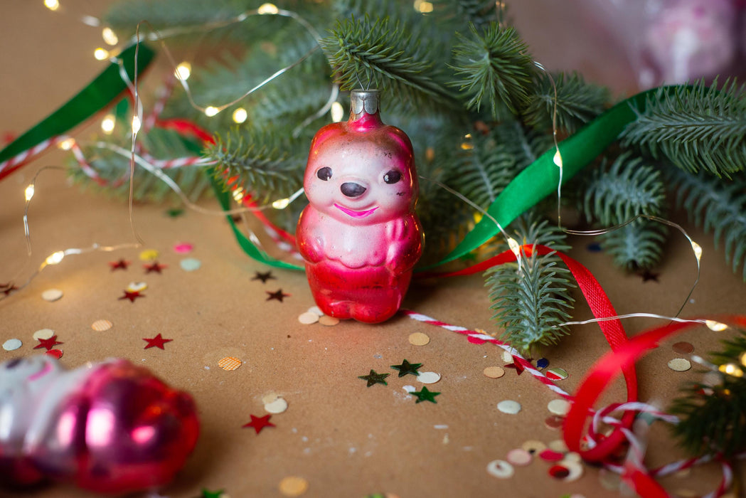 Vintage Pink Glass Bear Christmas Ornament, 1970s