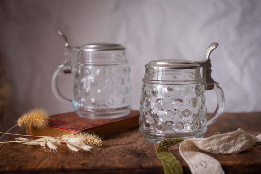 Vintage German Glass Beer Stein with Metal Lid Classic Barware Tankard