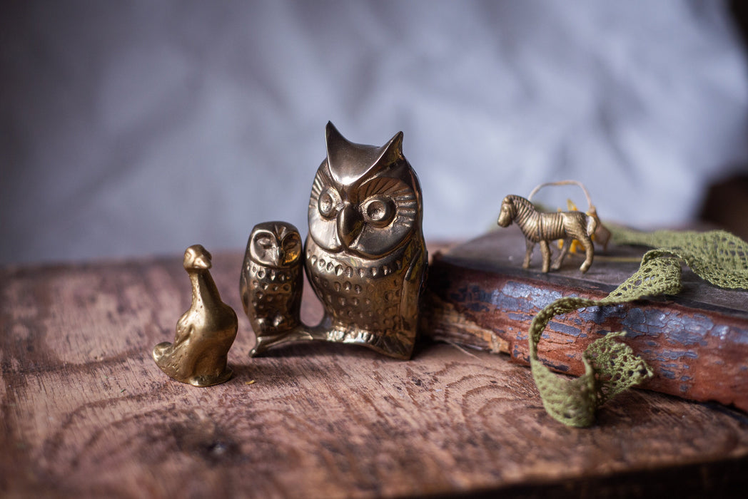 Vintage Brass Animal Figurines, European Owl Goose Horse Figurine