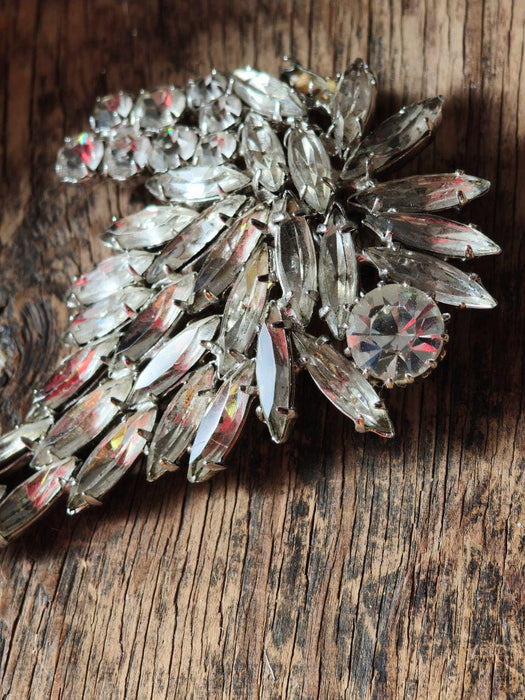 Vintage Rhinestone Brooch 1970s, Silver Tone Statement Pin with Clear Crystals