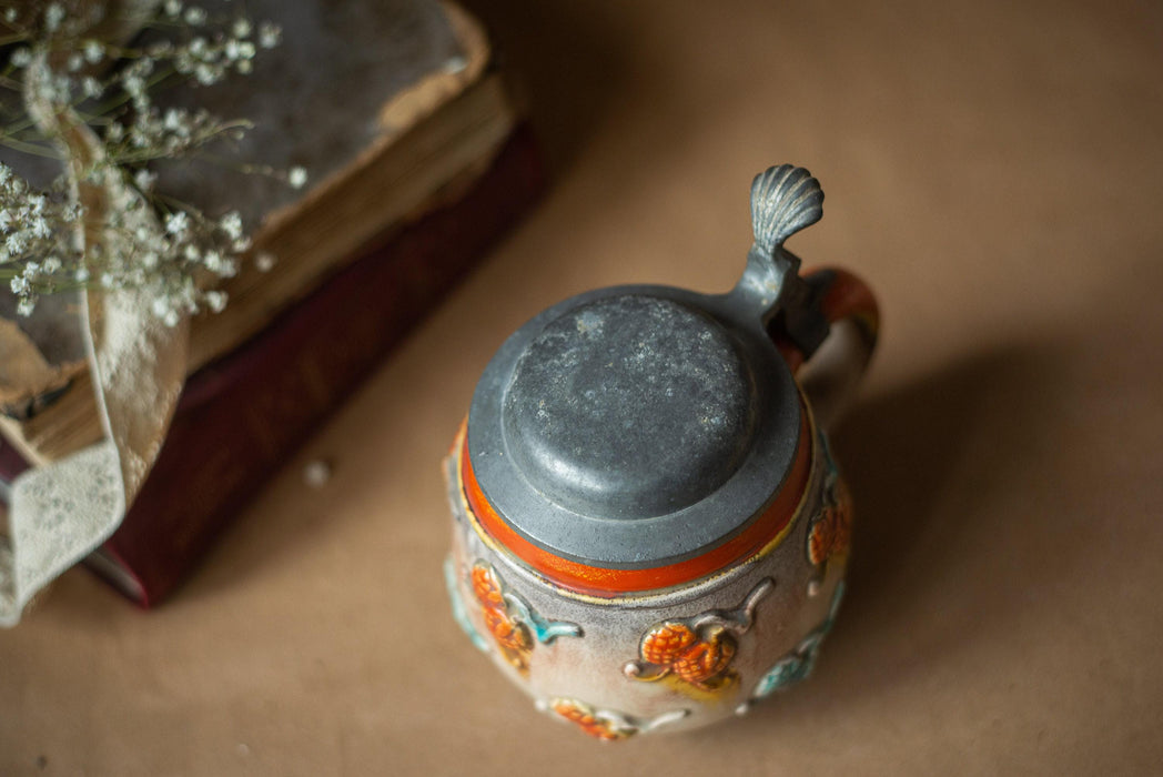 Vintage Ceramic Beer Stein with Lid Handpainted Rustic Floral Tankard