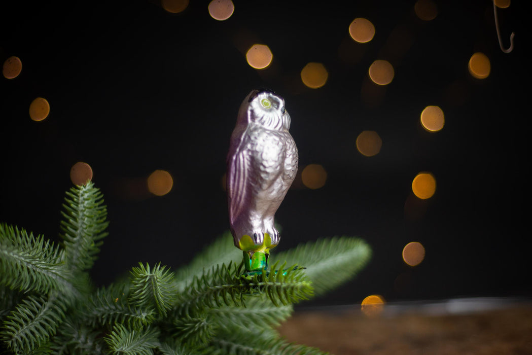 Vintage Glass Owl Christmas Ornament, Silver Bird Tree