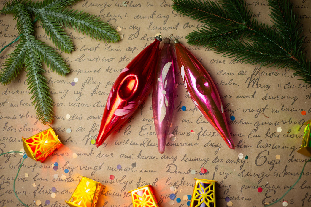 Pink Indent Glass Icicle Ornaments, Vintage Set of 3