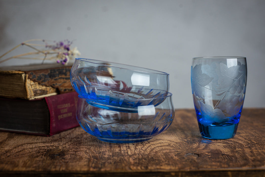 Vintage Blue Glass Serving Bowls – 1980s Set