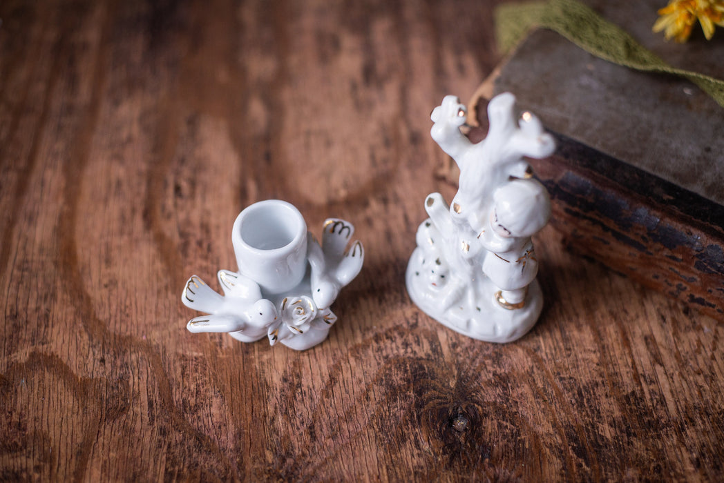 Vintage White Porcelain Angel Candleholder with Doves, Germany