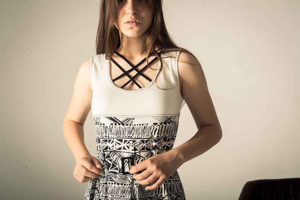 Vintage Midi Dress – 80s Retro Sundress with Adjustable Waist Belt | Black White Dress