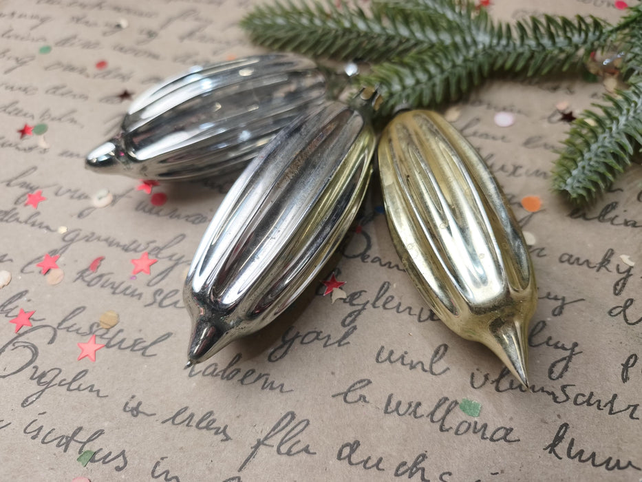 Vintage Silver Glass Christmas Ornaments, Ribbed Icicles and Lantern Bauble Sets