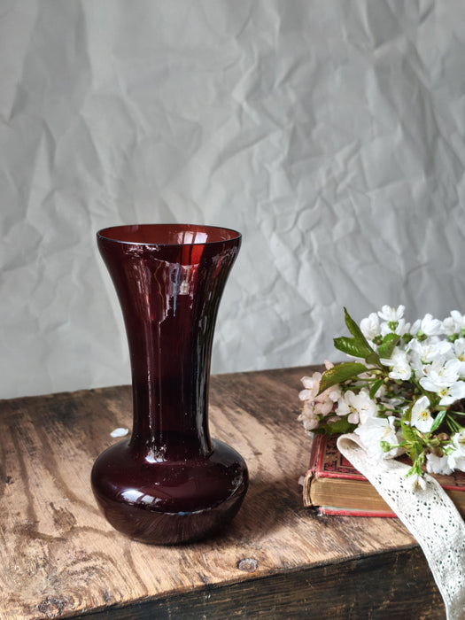 Wine Red Glass Vase Mid Century, Retro Bud Vase Aesthetic Decor
